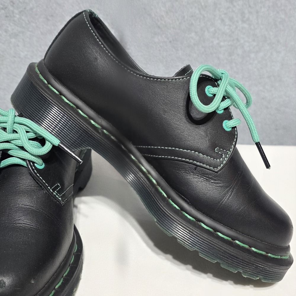 Dr. Martens 1461 Black/Green Leather Lace-Up Shoes Green Laces - Picture 5 of 14